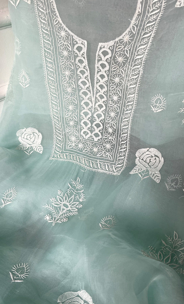 Women's Lakhnavi Handcrafted Pure Organza Chikankari Unstitched Kurta And Dupatta Set- HONC0314172
