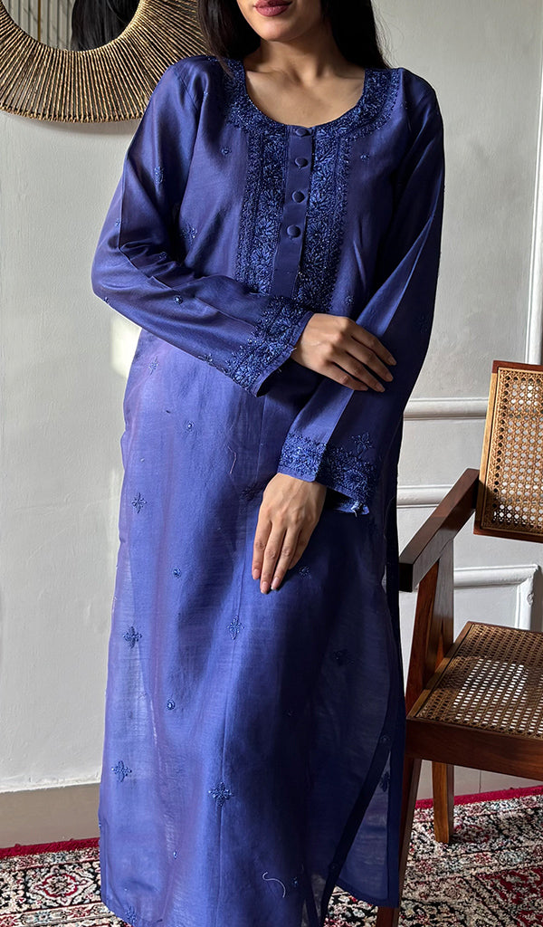 Women's Lucknowi Handcrafted Chanderi Silk Chikankari Kurti - HONC0342789