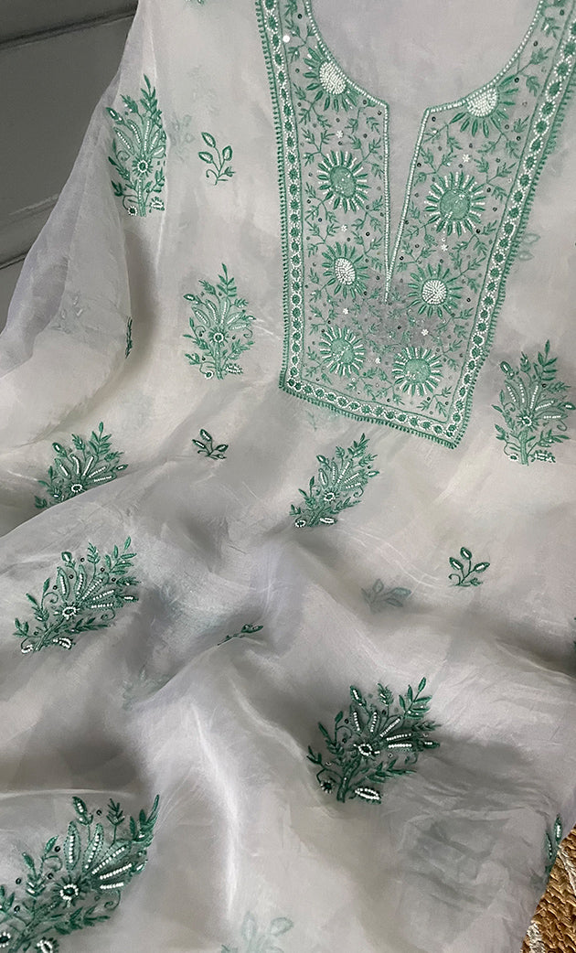 Women's Lakhnavi Handcrafted Pure Organza Chikankari Unstitched Kurta And Dupatta Set- HONC0297174