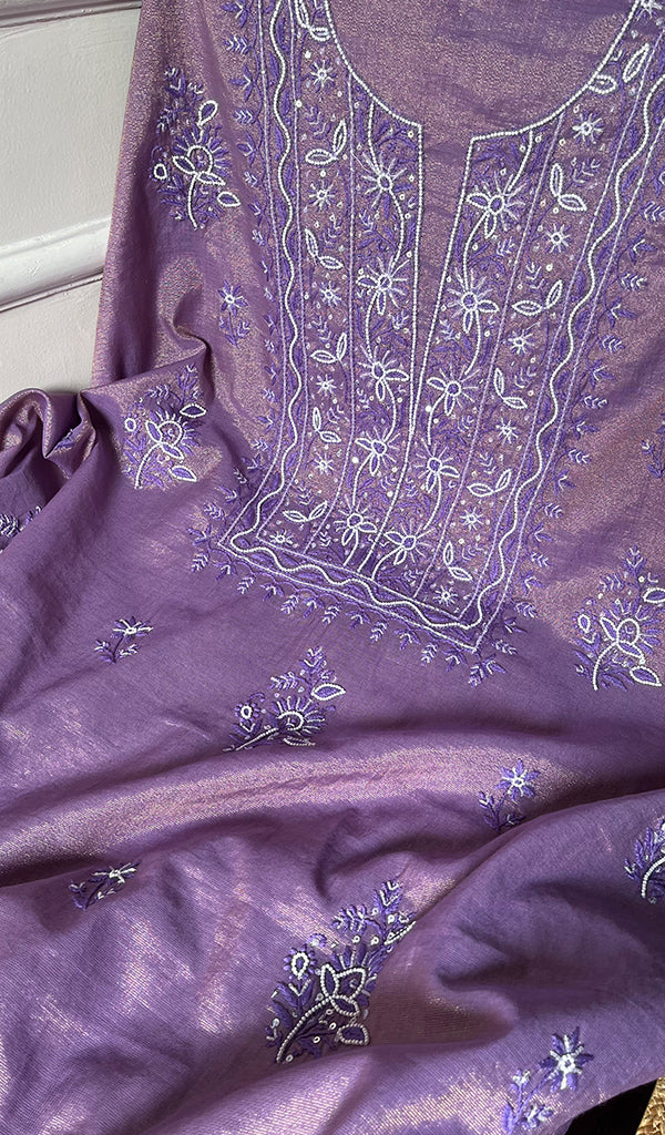 Women's Lakhnavi Handcrafted Tissue Chanderi Chikankari Suit Material - HONC0275989