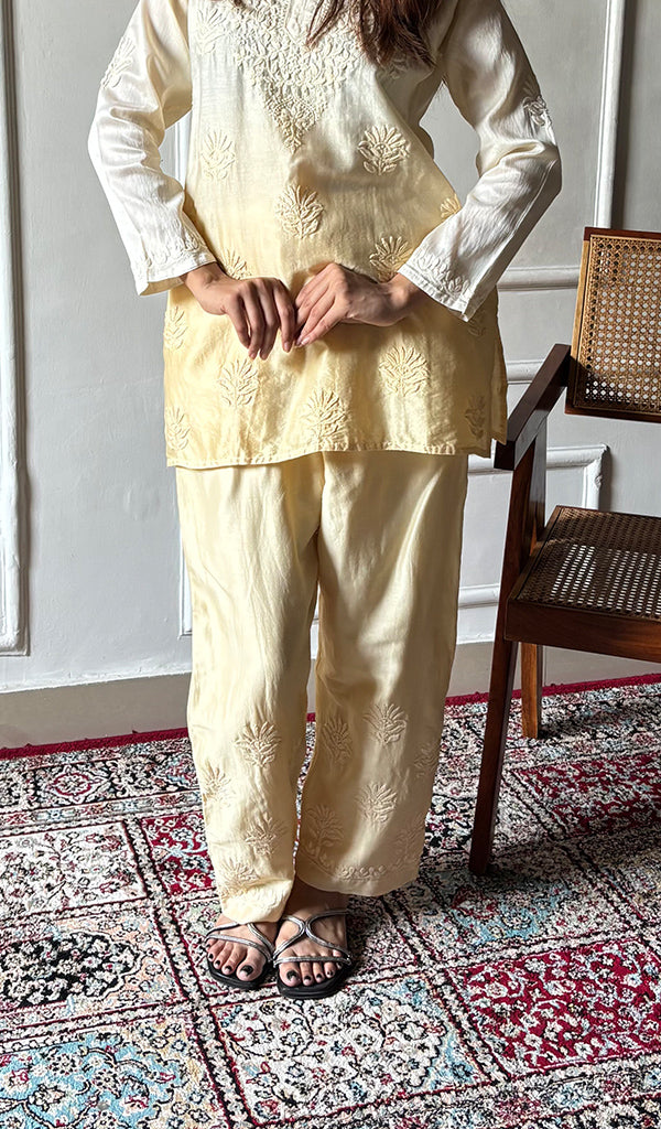 Women's Lakhnavi Handcrafted Chanderi Silk Chikankari Top And Pant Set - HONC0360731