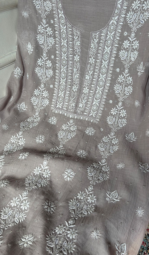 Women's Lakhnavi Handcrafted Mul Chanderi Unstitched Kurta And Dupatta Set - HONC0374450