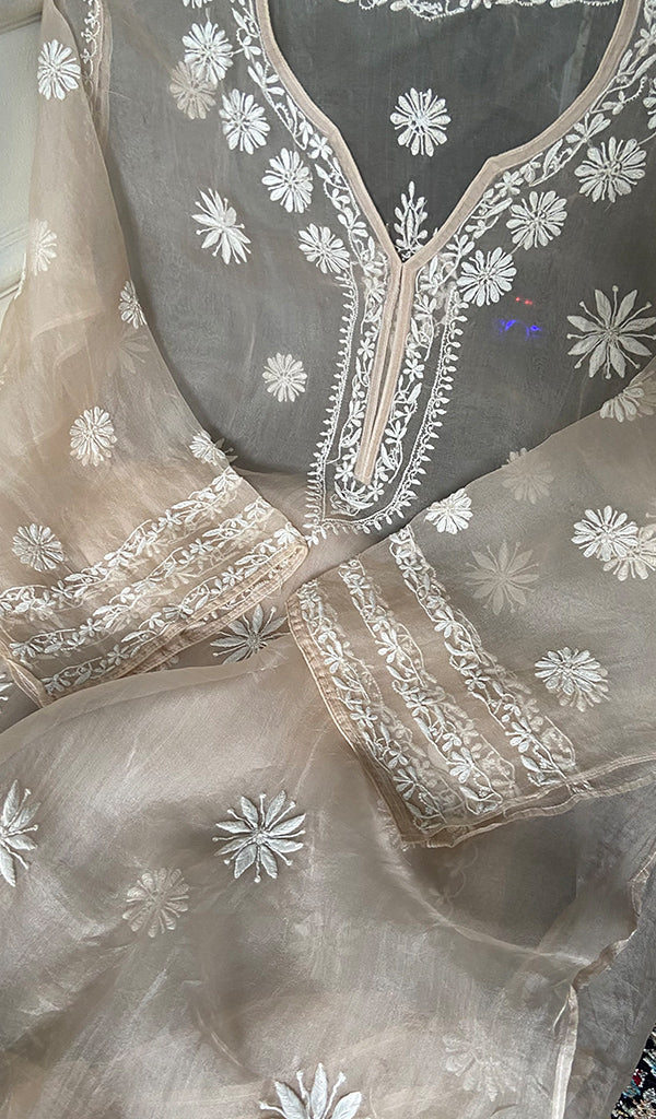 Women's Lakhnavi Handcrafted Pure Organza Chikankari Semi stitched Kurta And Dupatta Set- HONC0348611