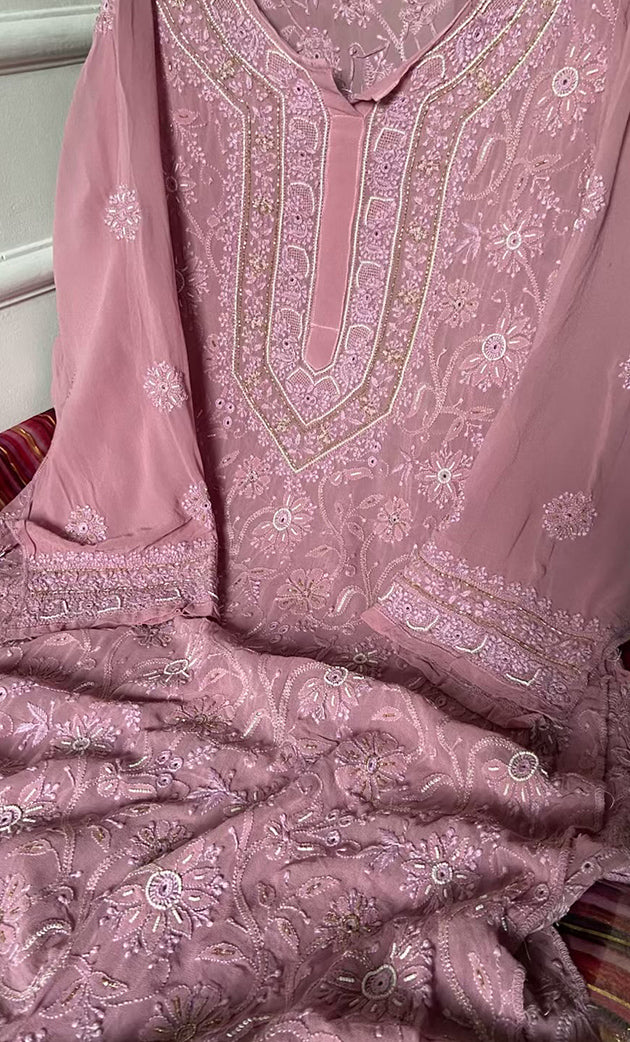 Women's Lakhnavi Handcrafted Pure Silk Georgette Semi - Stitched Chikankari Kurta And Dupatta Set - HONC0302216