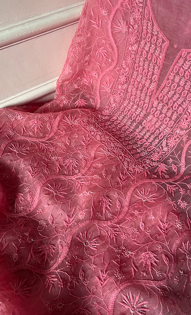 Women's Lakhnavi Handcrafted Pure Organza Chikankari Unstitched Kurta And Dupatta Set- HONC0327848