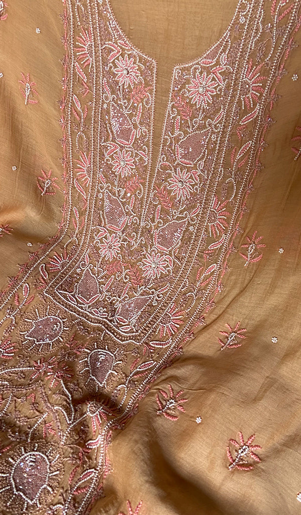 Women's Lakhnavi Handcrafted Mul Chanderi Unstitched Chikankari Full Suit - HONC0343187