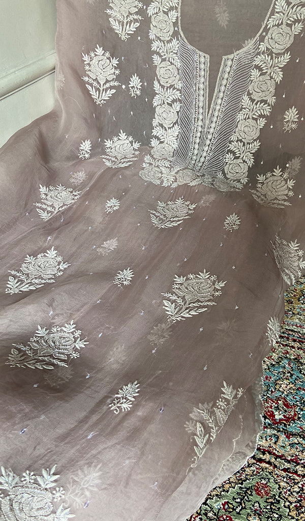 Women's Lakhnavi Handcrafted Pure Organza Chikankari Unstitched Kurta And Dupatta Set- HONC0361466