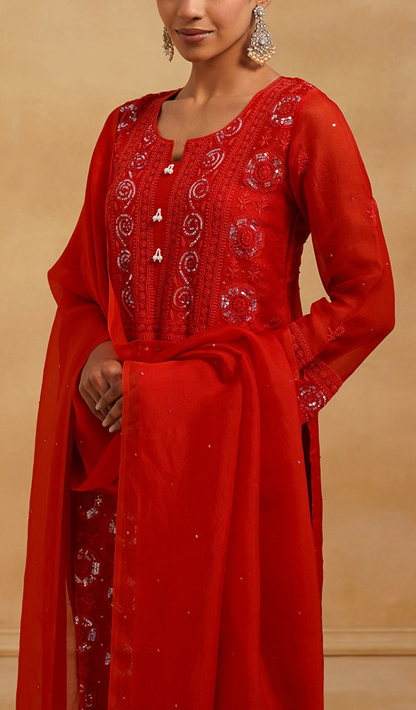 Women's Lucknowi Handcrafted Pure Organza Silk Stitched Chikankari Kurta, Dupatta With Pant Set- HONC0561978
