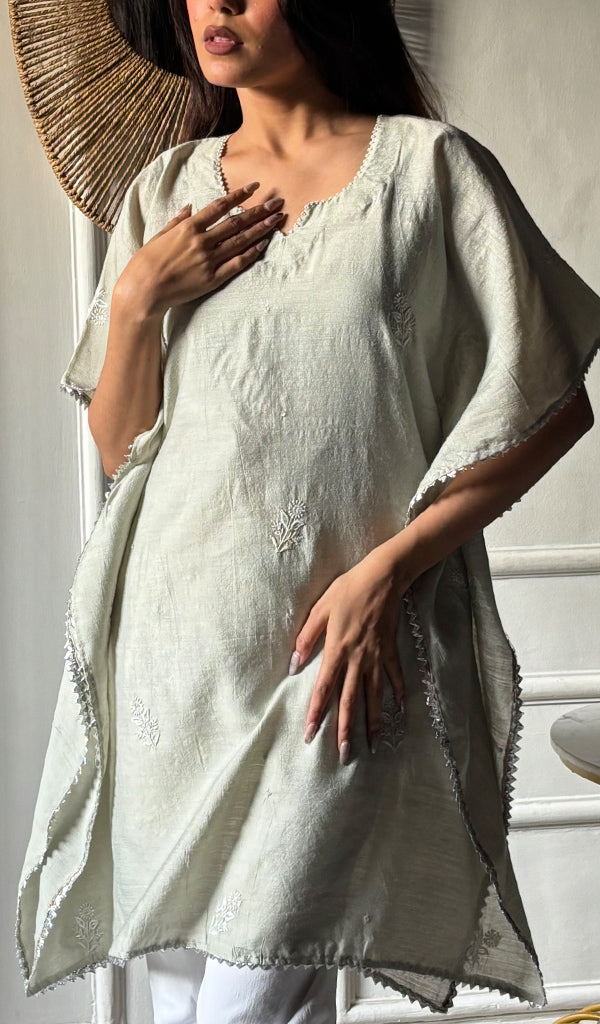 Women's Lucknowi Handcrafted Munga silk Chikankari Kaftan - HONC0316125