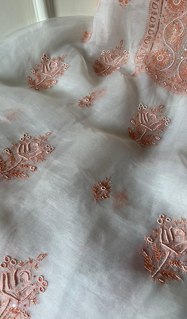 Women's Lakhnavi Handcrafted Pure Organza Chikankari Unstitched Kurta And Dupatta Set- HONC0270074