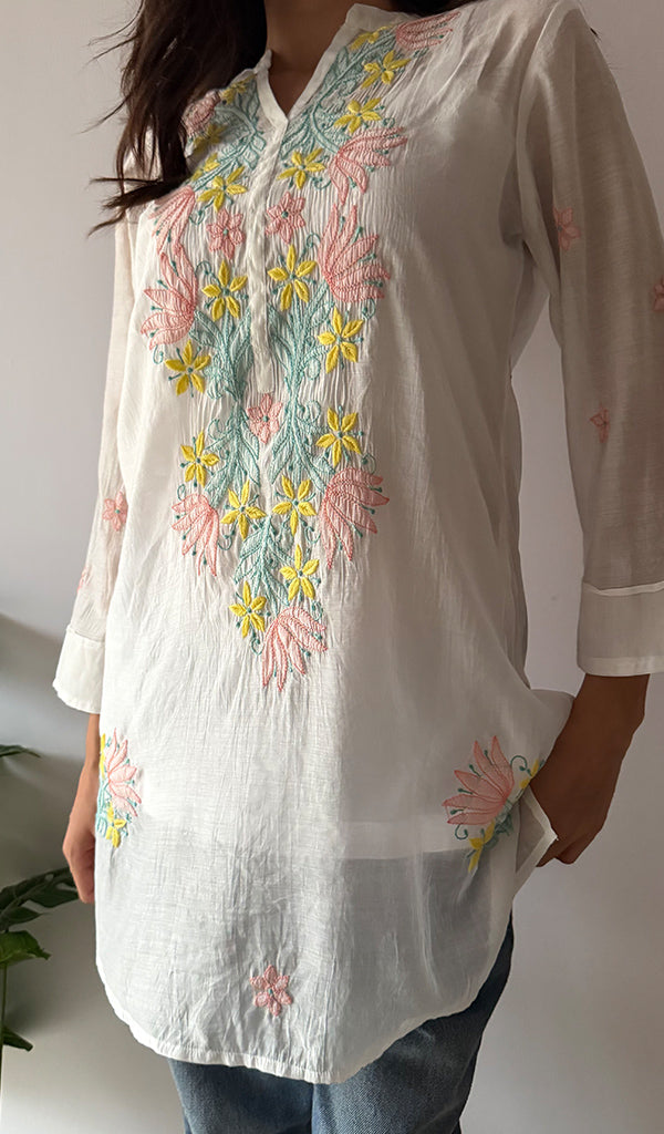 Sophia Women's Lakhnavi Handcrafted Mul Chanderi Chikankari Top - HONC0372942