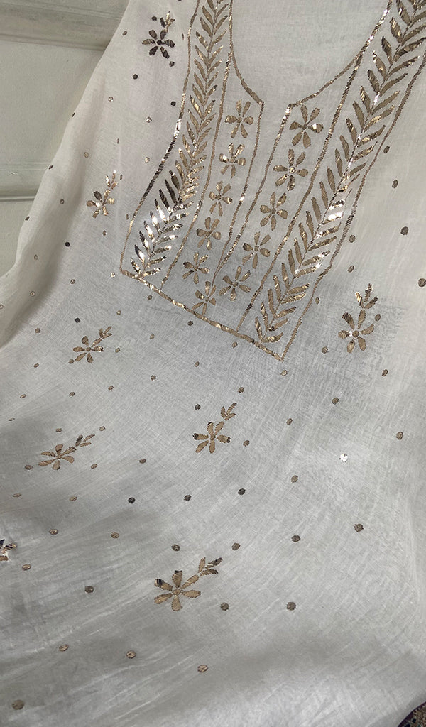 Women's Lakhnavi Handcrafted Mul Chanderi Unstitched Kurta And Dupatta Set - HONC0337819