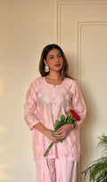 Anika Women's Lucknowi Handcrafted Chanderi Silk Chikankari Top with Farshi Salwar Set .
