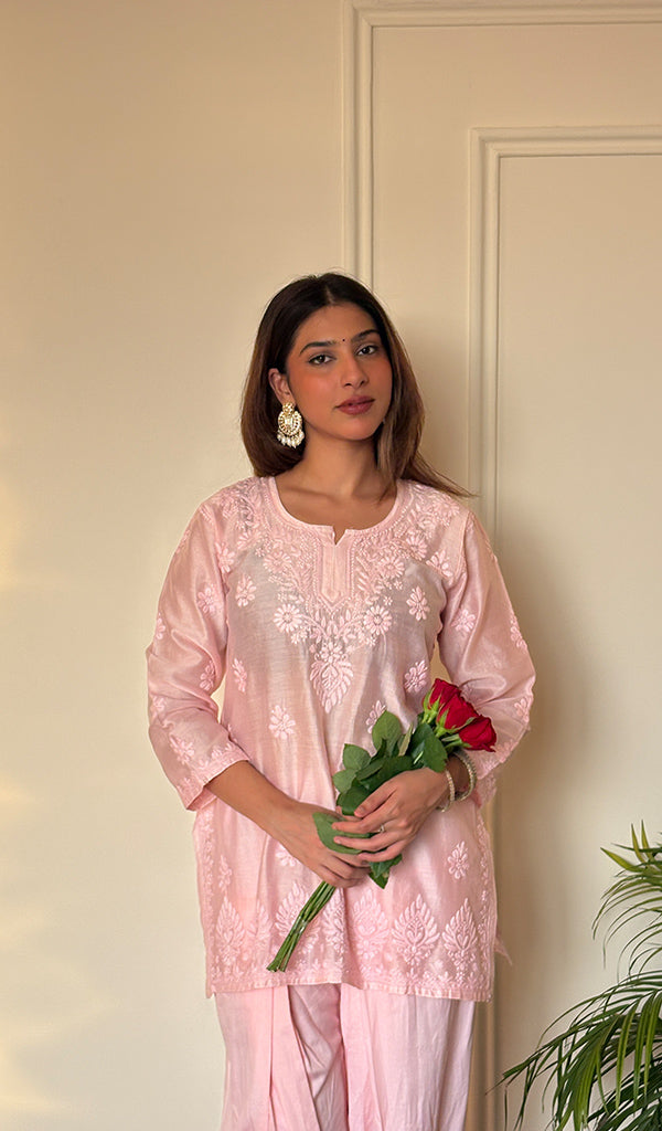 Women's Lucknowi Handcrafted Chanderi Silk Chikankari Top with Farshi Salwar Set .