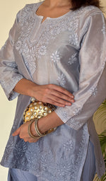 Anika Women's Lucknowi Handcrafted Chanderi Silk Chikankari Top with Farshi Salwar Set .