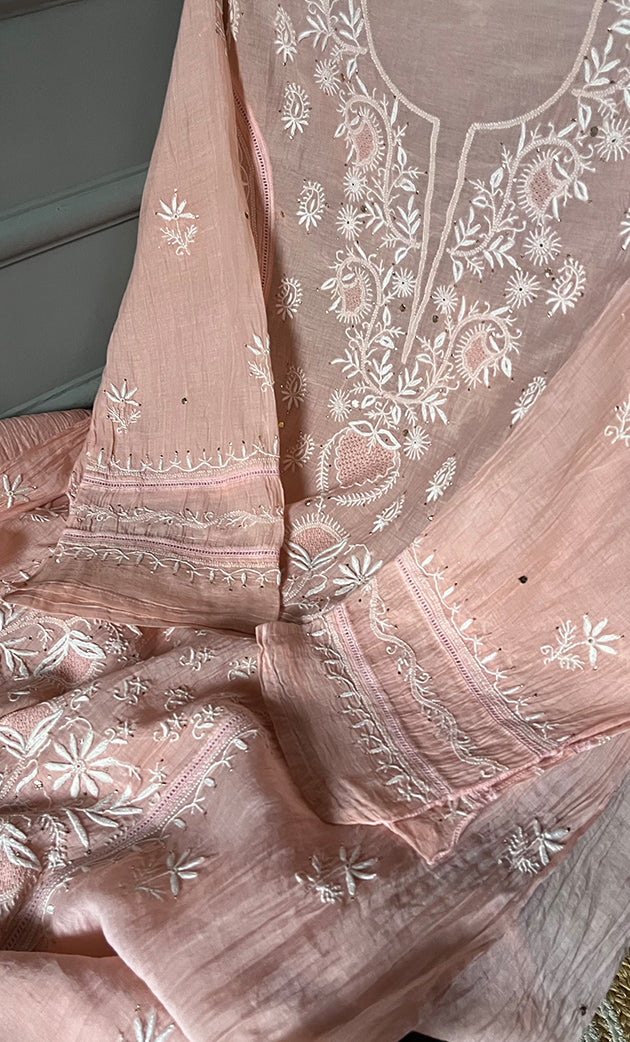 Women's Lakhnavi Handcrafted Mul Chanderi Semi - Stitched Kurta And Dupatta Set - HONC0284759