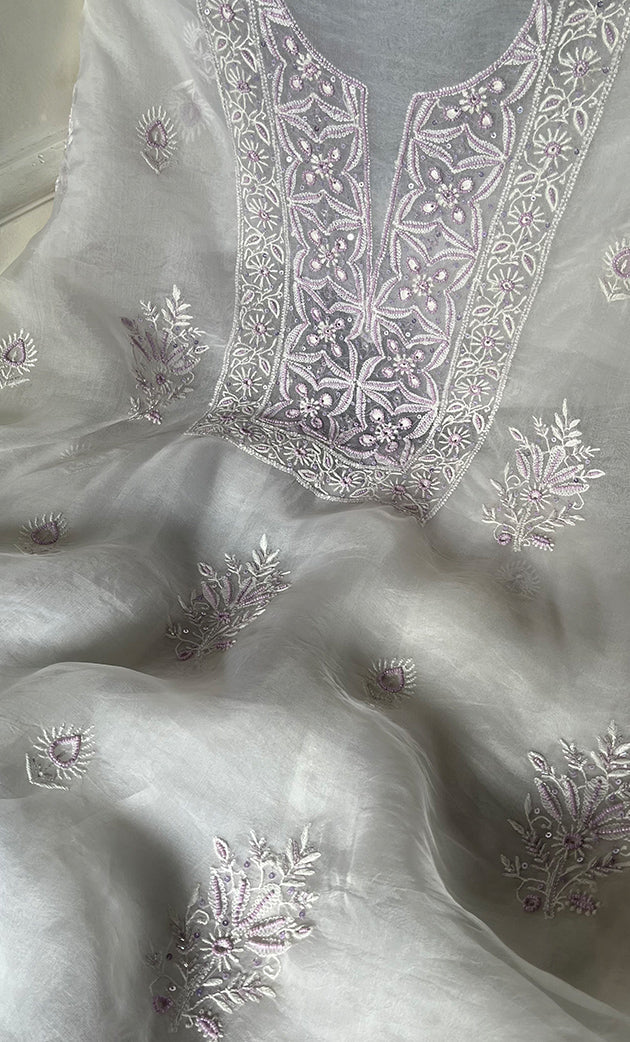 Women's Lakhnavi Handcrafted Pure Organza Chikankari Unstitched Kurta And Dupatta Set- HONC0288321