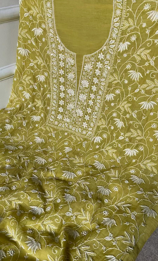 Women's Lakhnavi Handcrafted Mul Chanderi Unstitched Kurta And Dupatta Set- HONC0309531