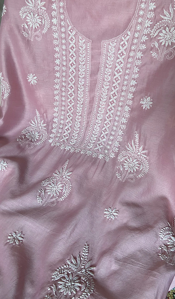 Women's Lakhnavi Handcrafted Chanderi Silk Unstitched Chikankari Full Suit - HONC0340141