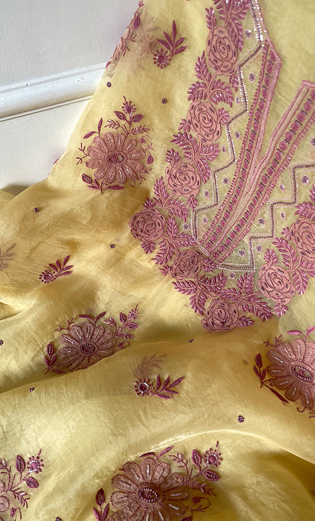 Women's Lakhnavi Handcrafted Pure Organza Chikankari Unstitched Kurta And Dupatta Set- HONC0318666