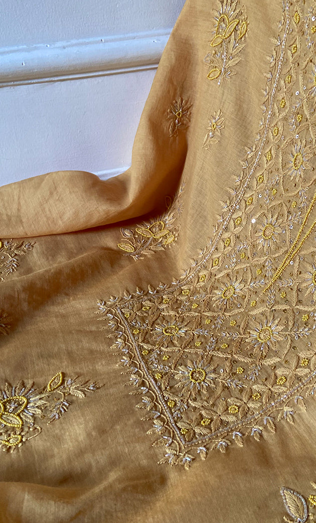 Women's Lakhnavi Handcrafted Mul Chanderi Unstitched Chikankari Full Suit Material - HONC0328113