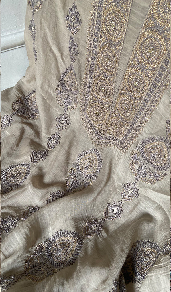 Women's Lakhnavi Handcrafted Mul Chanderi Unstitched Kurta And Dupatta Set- HONC0326150