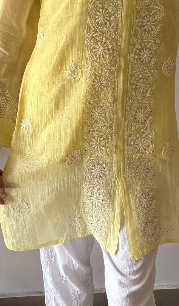 Women's Lakhnavi Handcrafted Mul Chanderi Chikankari Top - HONC0364862