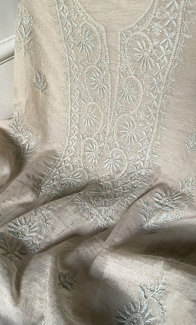 Women's Lakhnavi Handcrafted Mul Chanderi Unstitched Chikankari Full Suit Material - HONC0319537