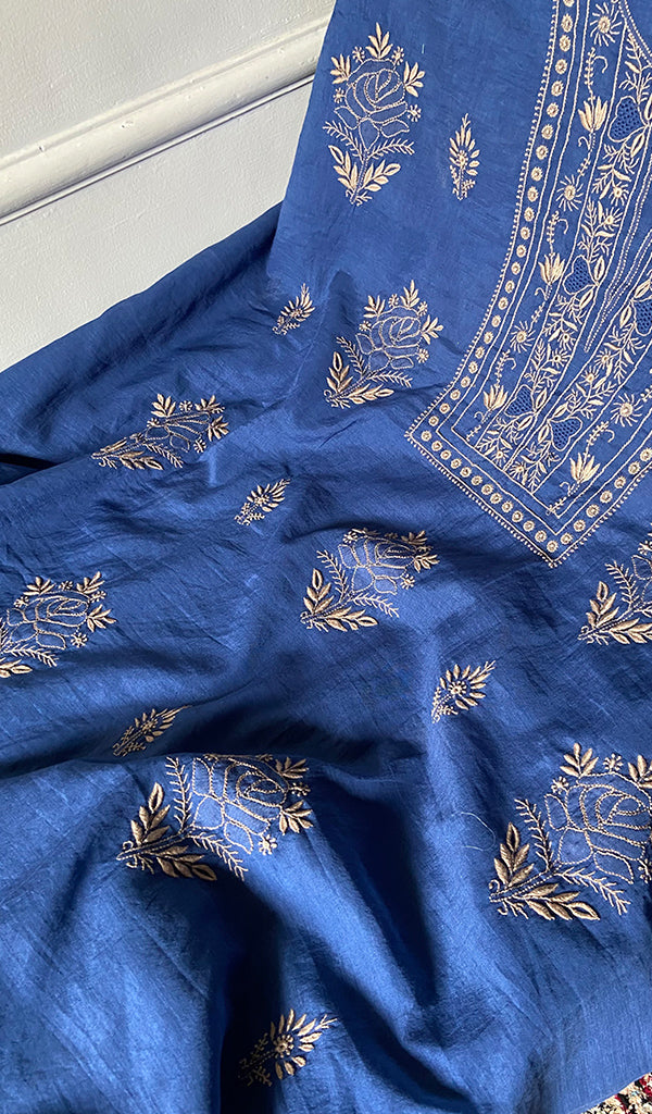 Women's Lucknowi Handcrafted Chanderi Silk Unstitched Chikankari Full Suit Material - HONC0351090