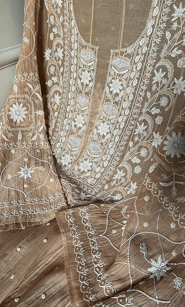 Women's Lakhnavi Handcrafted Mul Chanderi Semi - Stitched Anarkali And Dupatta Set - HONC0330137