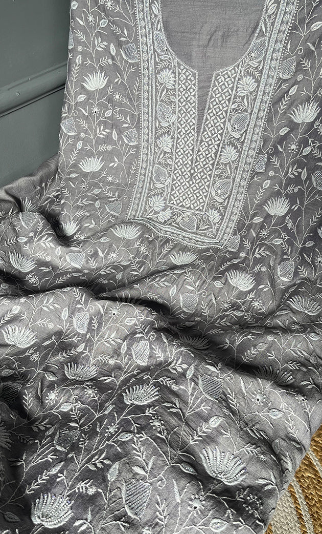 Women's Lakhnavi Handcrafted Munga Silk Chikankari Kurta And Dupatta Set- HONC0280262