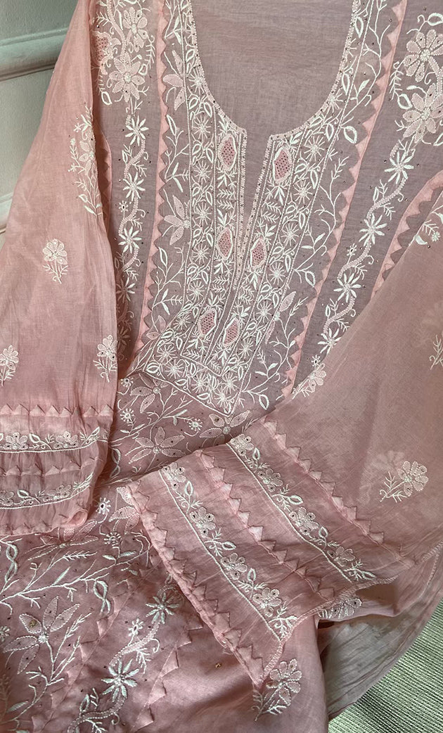 Women's Lakhnavi Handcrafted Mul Chanderi Semi - stitched Kurta And Dupatta Set- HONC0282419