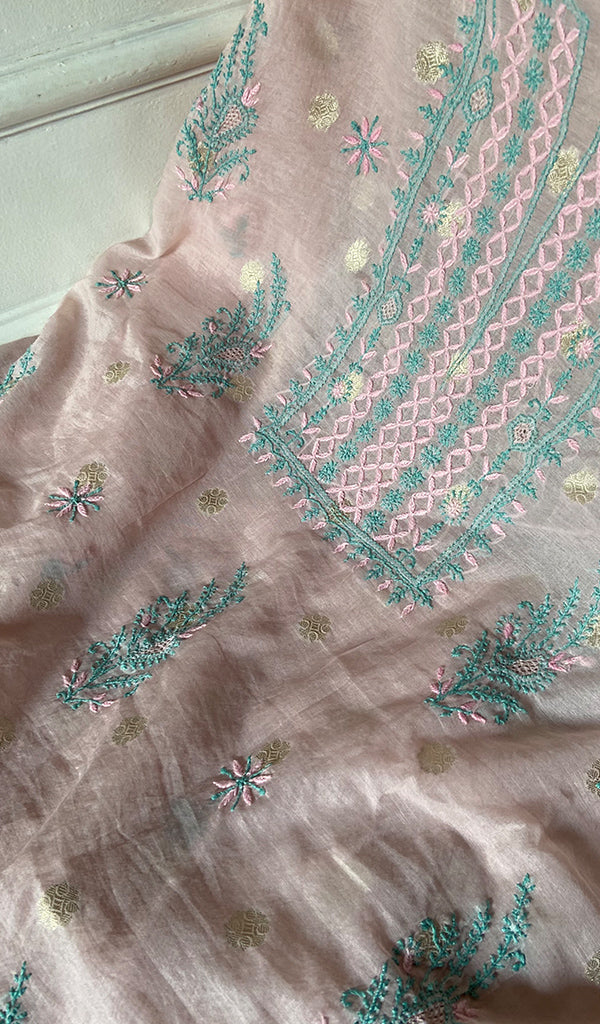 Women's Lakhnavi Handcrafted Chanderi Silk Unstitched Chikankari Full Suit - HONC0321899