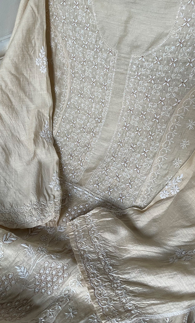 Women's Lakhnavi Handcrafted Munga Silk Semi - Stitched Chikankari Kurta And Dupatta Set- HONC0246918