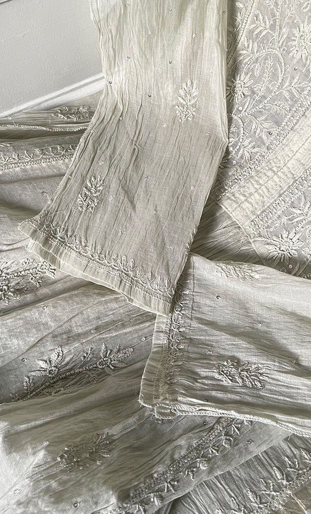 Women's Lakhnavi Handcrafted Mul Chanderi Semi - stitched Chikankari Full Suit Material - HONC0319562