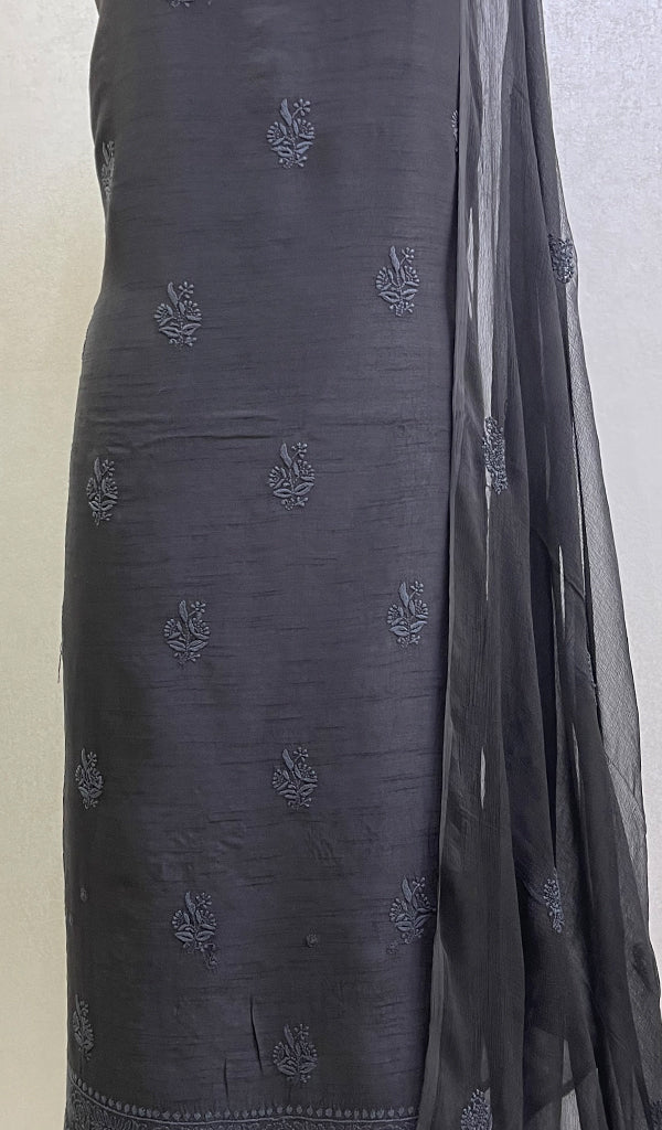 Women's Lakhnavi Handcrafted Raw Silk Chikankari Kurta And Dupatta Set - HONC0129556