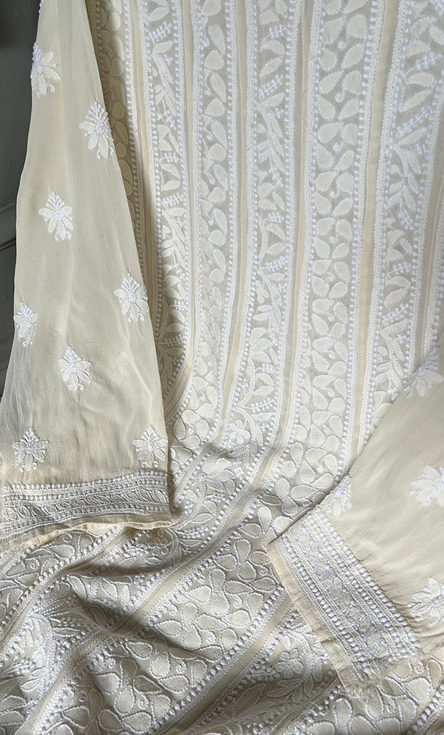 Women's Lakhnavi Handcrafted Pure Silk Georgette Chikankari Anarkali and Dupatta set - HONC02773309