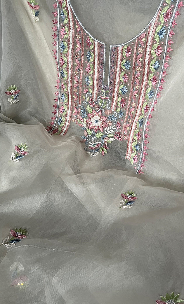 Women's Lakhnavi Handcrafted Pure Organza Chikankari Unstitched Kurta And Dupatta Set- HONC0309243