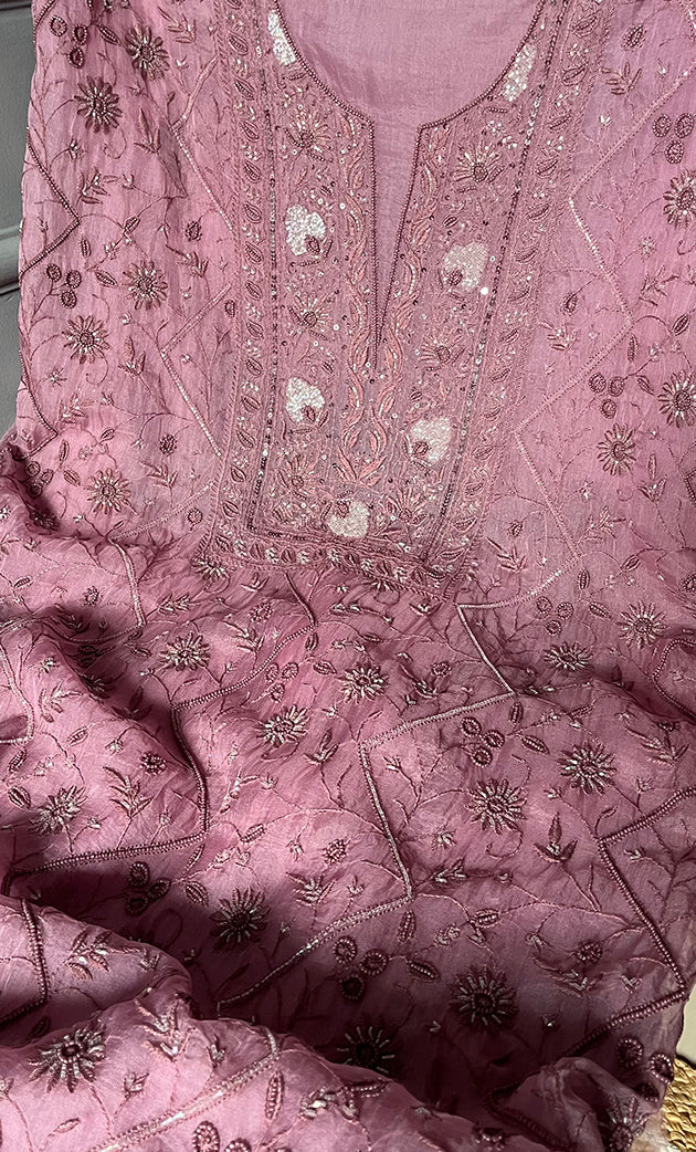 Women's Lakhnavi Handcrafted Pure Organza Chikankari Unstitched Kurta And Dupatta Set- HONC0274532