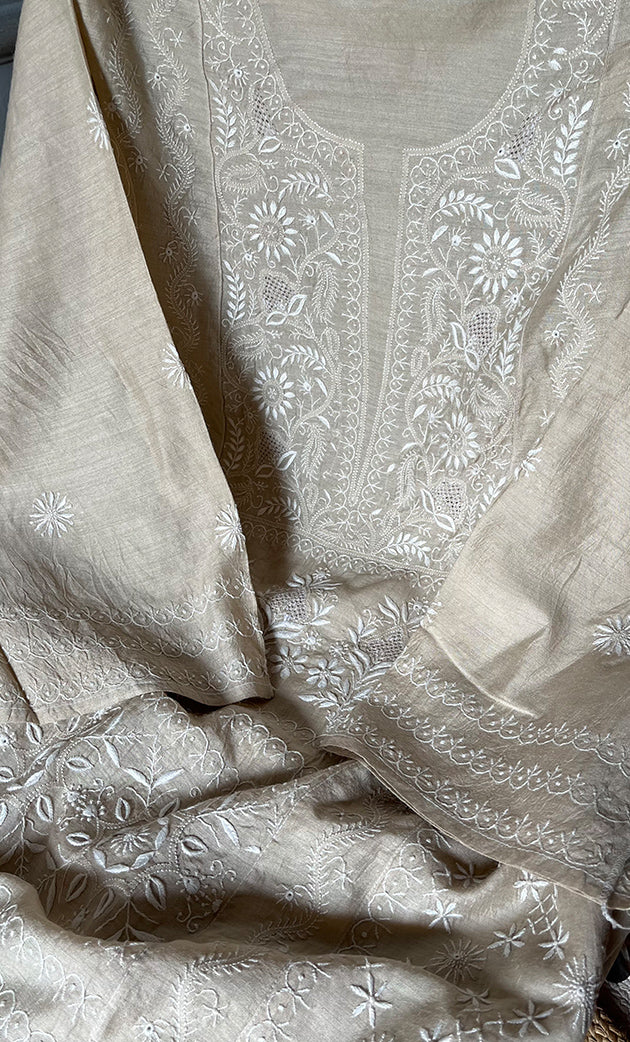 Women's Lakhnavi Handcrafted Munga Silk Semi - Stitched Chikankari Kurta And Dupatta Set- HONC0265423