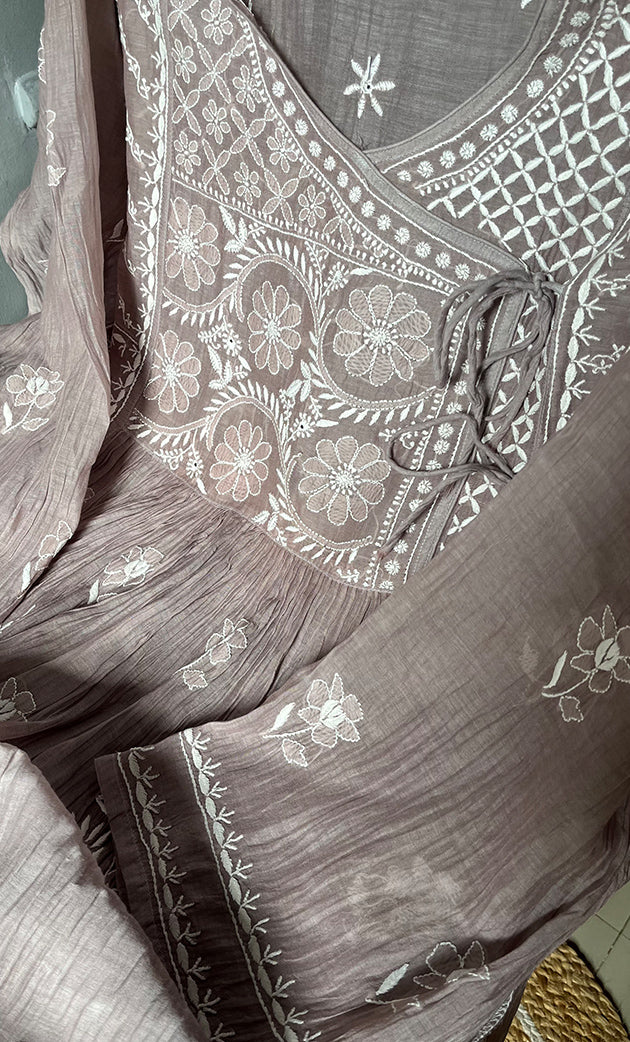 Women's Lakhnavi Handcrafted Mul Chanderi Semi - Stitched Angrakha And Dupatta Set - HONC0289490