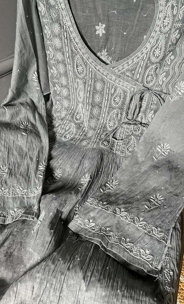Women's Lakhnavi Handcrafted Mul Chanderi Semi - Stitched Kurta And Dupatta Set - HONC0298175