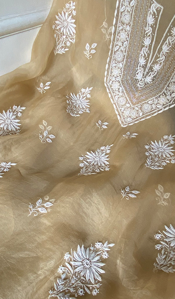 Women's Lakhnavi Handcrafted Pure Organza Chikankari Unstitched Kurta And Dupatta Set- HONC0368257