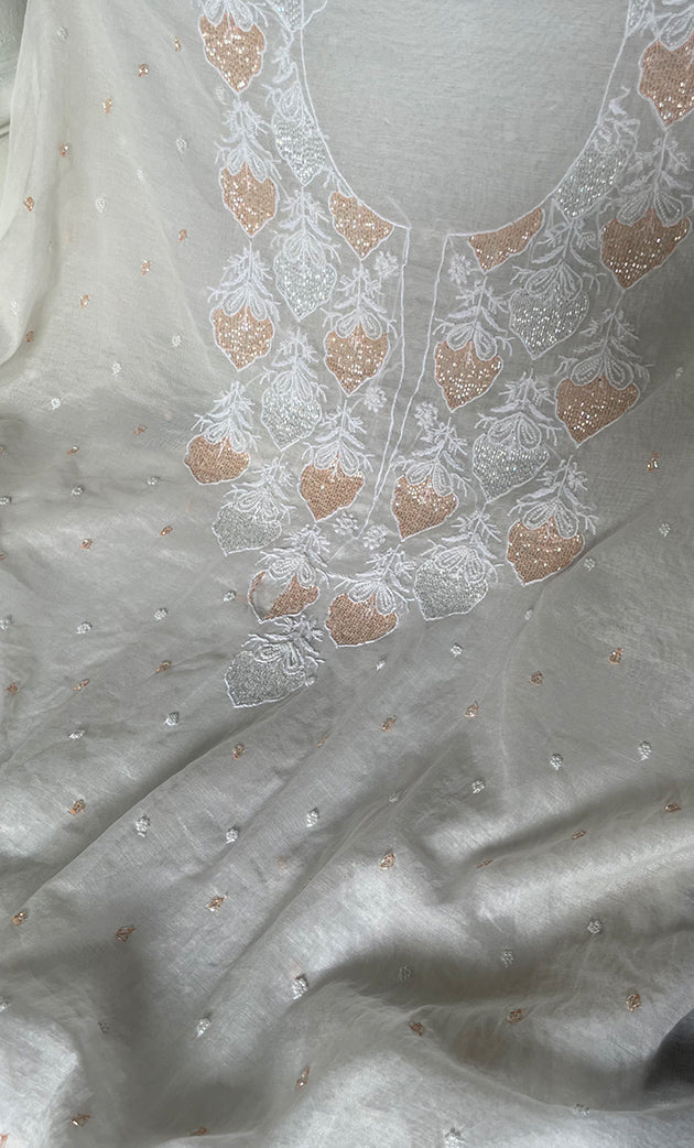 Women's Lakhnavi Handcrafted Mul Chanderi Unstitched Kurta And Dupatta Set - HONC0319458