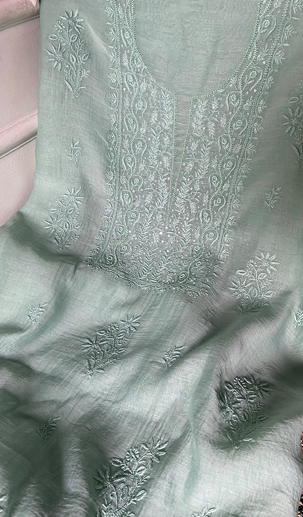 Women's Lakhnavi Handcrafted Mul Chanderi Unstitched Chikankari Full Suit Material - HONC0345043