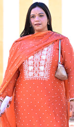 Load image into Gallery viewer, Jazba Women's Lakhnavi Handcrafted Mul Chanderi Chikankari Stitched Kurta, Dupatta And Pant Set - HONC04964656
