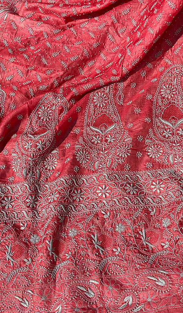 Women's Lakhnavi Handcrafted Tussar Silk Chikankari Saree - HONC0245864