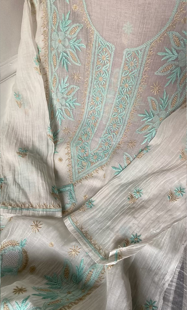 Women's Lakhnavi Handcrafted Mul Chanderi Semi - stitched Kurta And Dupatta Set- HONC0314872