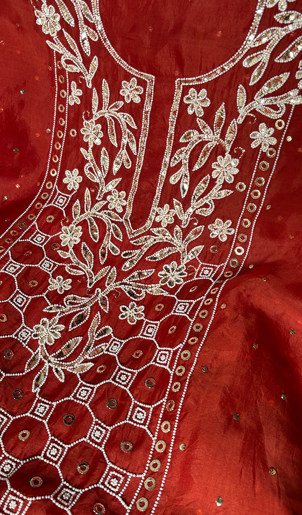 Women's Lakhnavi Handcrafted Pure Organza Chikankari Unstitched Kurta And Dupatta Set- HONC0341318