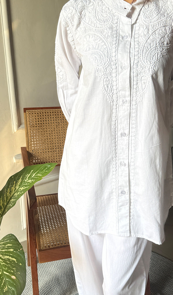 Women's Lakhnavi Handcrafted Cotton Chikankari Kurta And Pant Set - HONC0295962